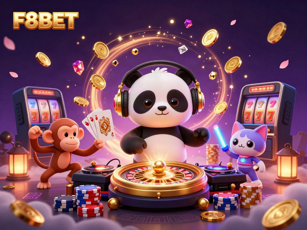 Experience F8BET's exciting casino atmosphere with a vibrant 3D panda DJ and lively characters.