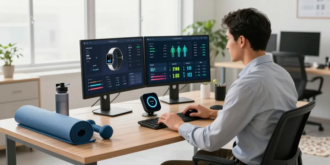 Professional analyzing health data with a smart ring in a modern tech workspace.