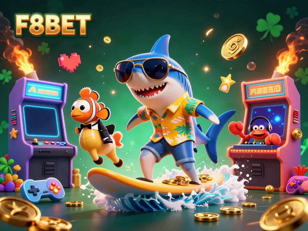 Surf and win with F8BET: a 3D shark enjoying casino riches surrounded by animated gaming elements.