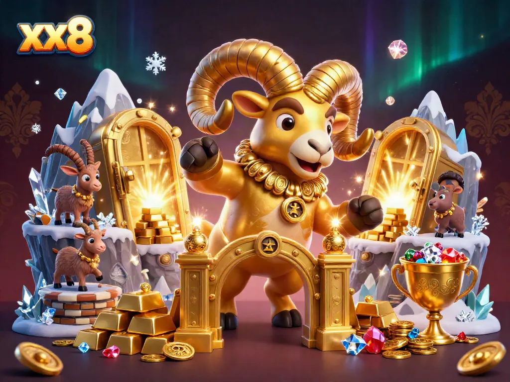 Engage with xx8's thrilling casino experience, showcasing golden treasures and a charging ram amidst vibrant gaming elements.