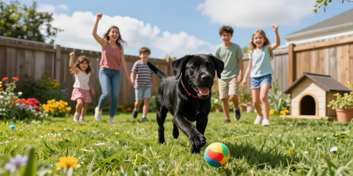 Black labrador puppy happily fetching a ball in a sunny backyard with family, showcasing playful moments.
