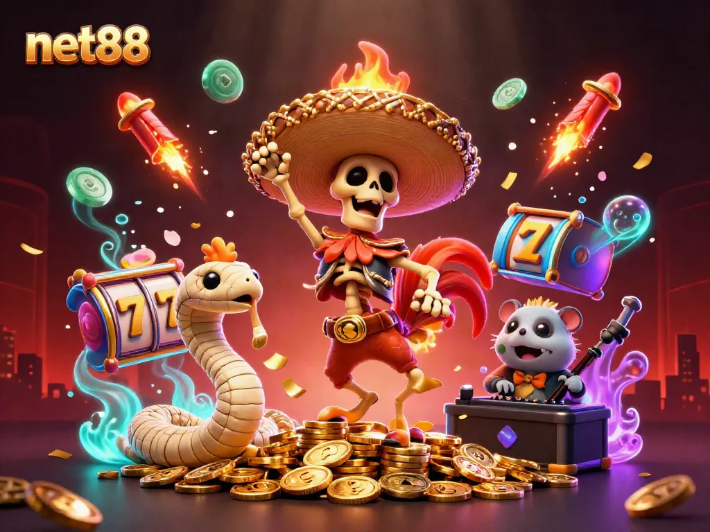 Experience excitement at net88 with a festive scene of a mariachi rooster, mummy snake, and DJ hamster celebrating amidst vibrant casino elements.