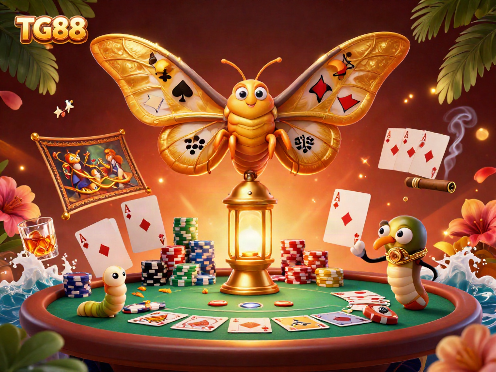 The illustration showcases TG88 with a majestic atlas moth, casino games, and vibrant details.