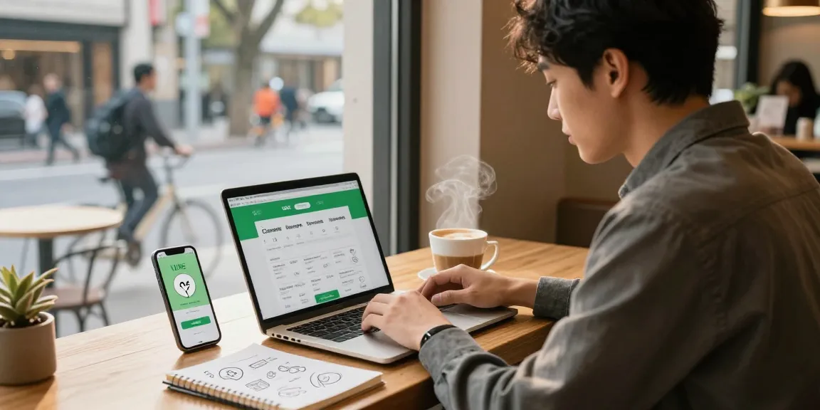 在咖啡店中，一位年轻专业人士使用LINE下载，展示科技与人与人之间的联系。