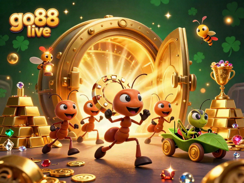Experience the excitement of go88 live with animated ants heisting golden poker chips in a dynamic casino scene.