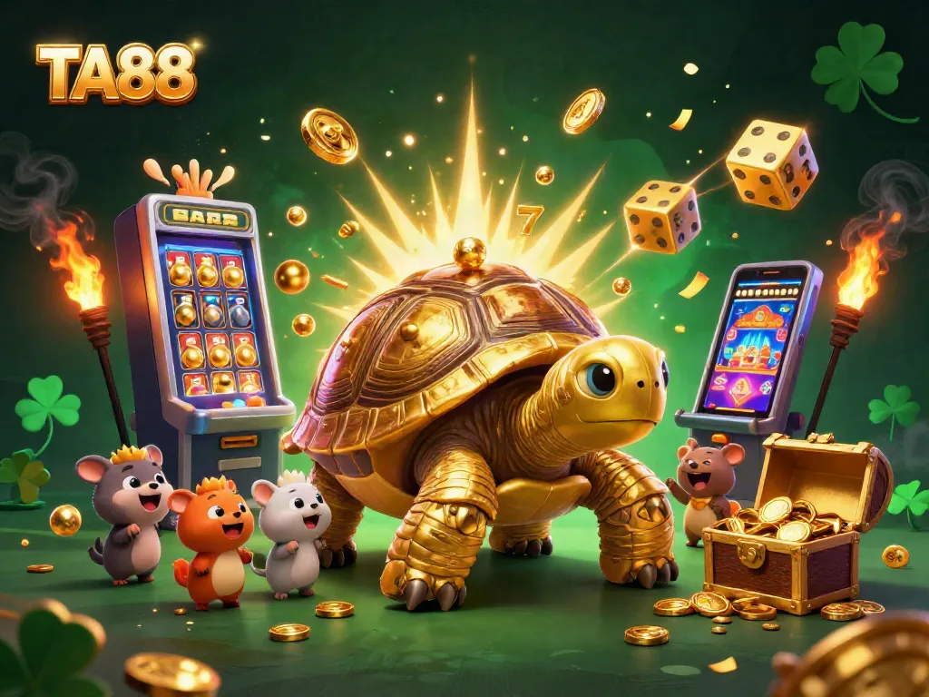 Engage in thrilling games at TA88 featuring a vibrant pinball tortoise amidst a burst of casino elements.