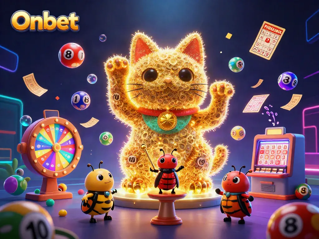Experience gaming excitement with Onbet's vibrant lucky cat illustration amidst casino elements.