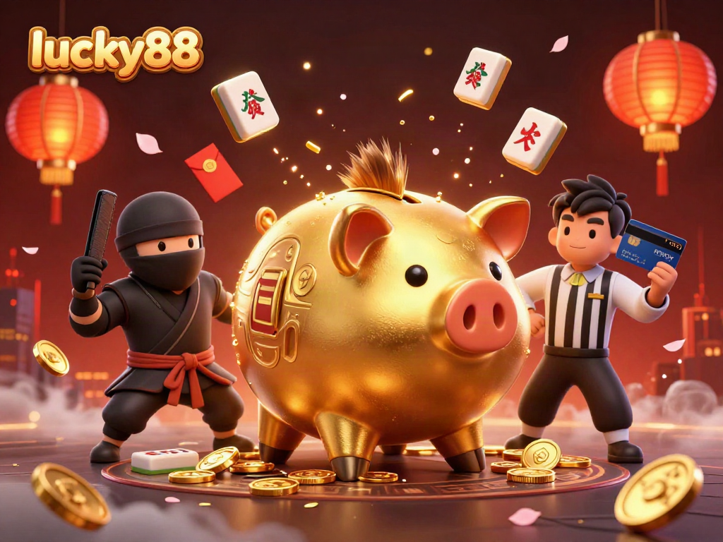 Experience thrilling action with lucky88's massive golden sumo wrestler, ninja, and referee in a dynamic casino scene.