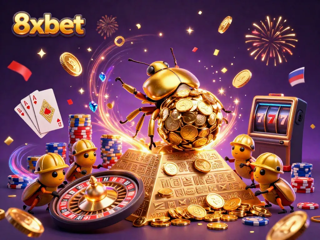 Experience the exciting world of 8xbet with a vibrant illustration of a golden dung beetle and casino elements.