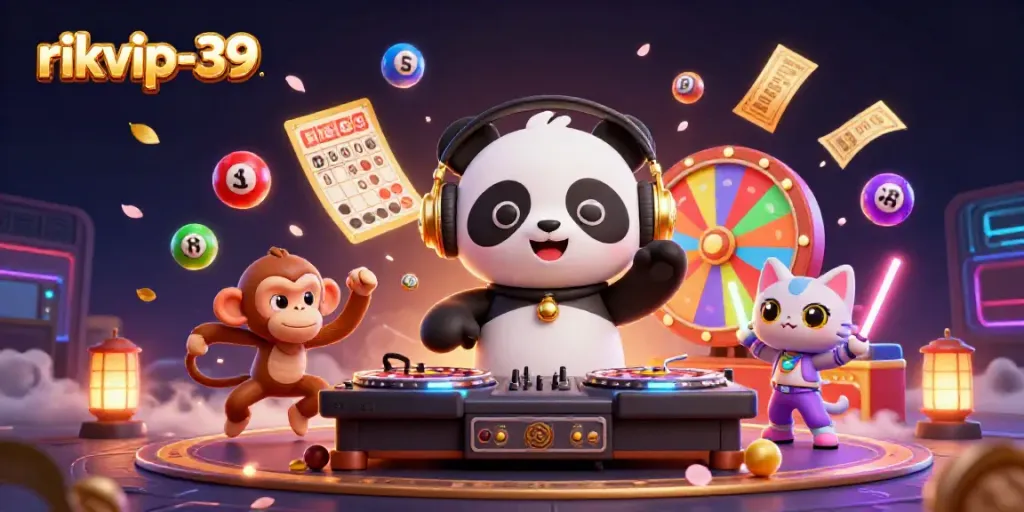Experience the excitement of rikvip-39 with an energetic DJ panda and vibrant gambling elements in action.