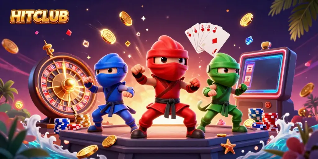 Hitclub showcases a dynamic scene with ninja chameleons immersed in a casino adventure, featuring vibrant gaming elements.