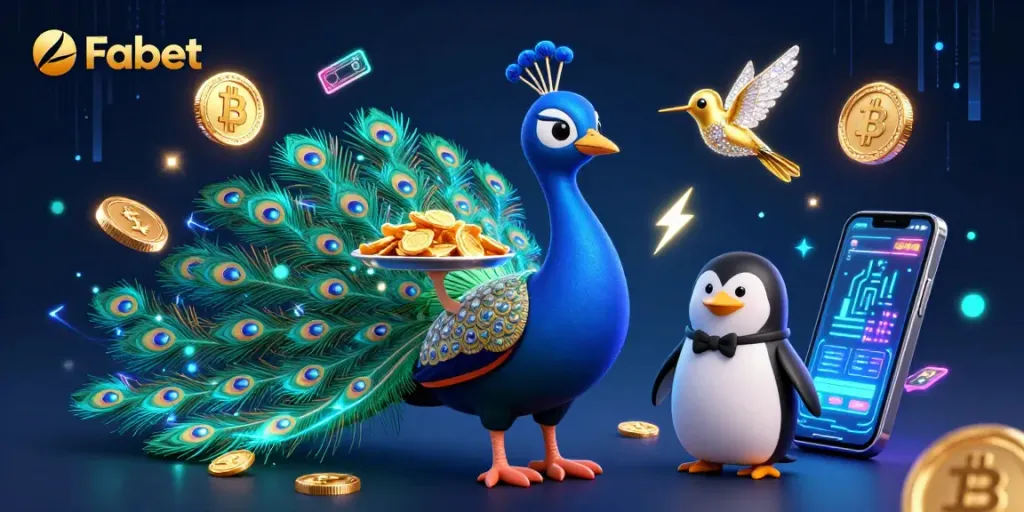 Fabet offers unique gaming experiences with a vibrant 3D casino illustration featuring a peacock, penguin, and hummingbird.