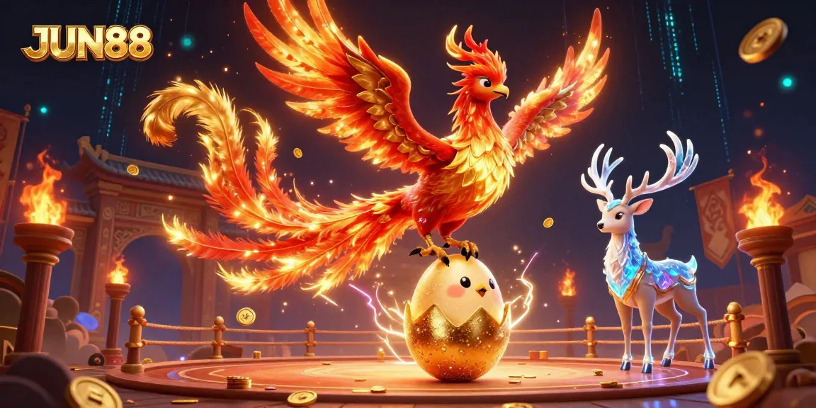 Experience excitement at JUN88 with a vibrant 3D illustration of a phoenix and mystical stag amidst thrilling casino elements.