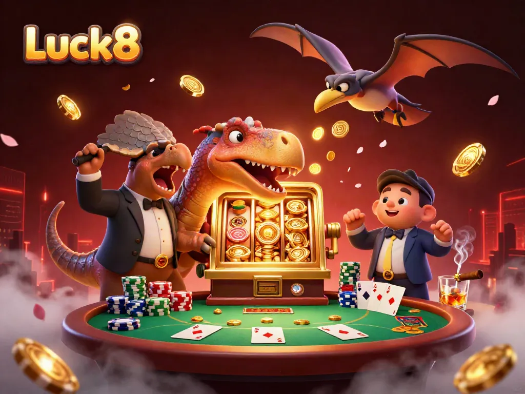 Luck8 casino characters celebrating a jackpot win while engaging with vibrant casino elements.