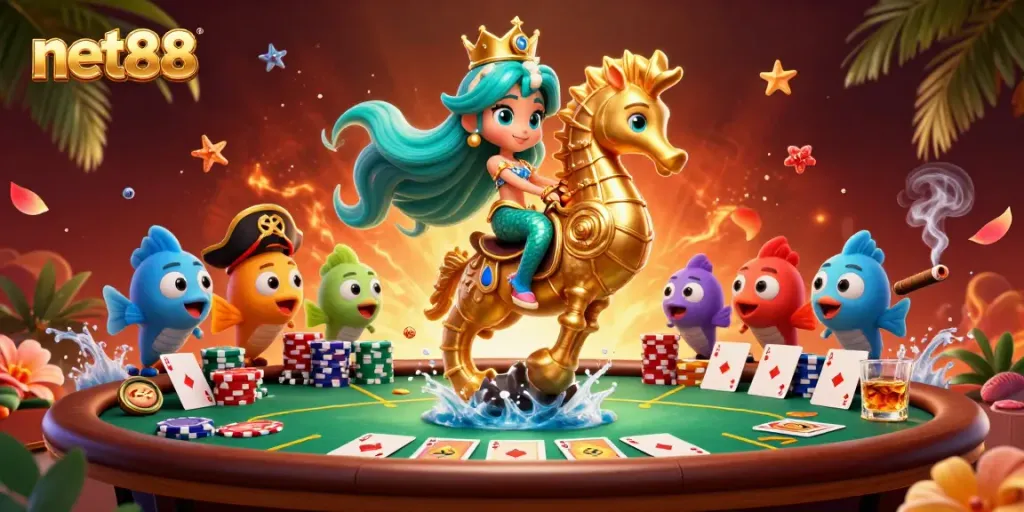 Experience thrilling poker action with net88, featuring a mermaid and seahorse at a vibrant casino table.