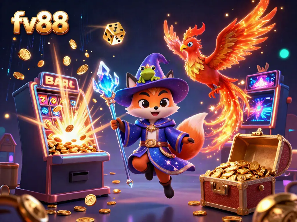 Experience the magic of fv88 with a vibrant 3D casino scene featuring a wizard fox and a phoenix, alongside dynamic game elements.