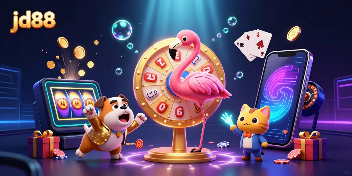Spin the prize wheel at jd88 with a flamingo host, bulldog contestant, and cat assistant in a vibrant casino scene.