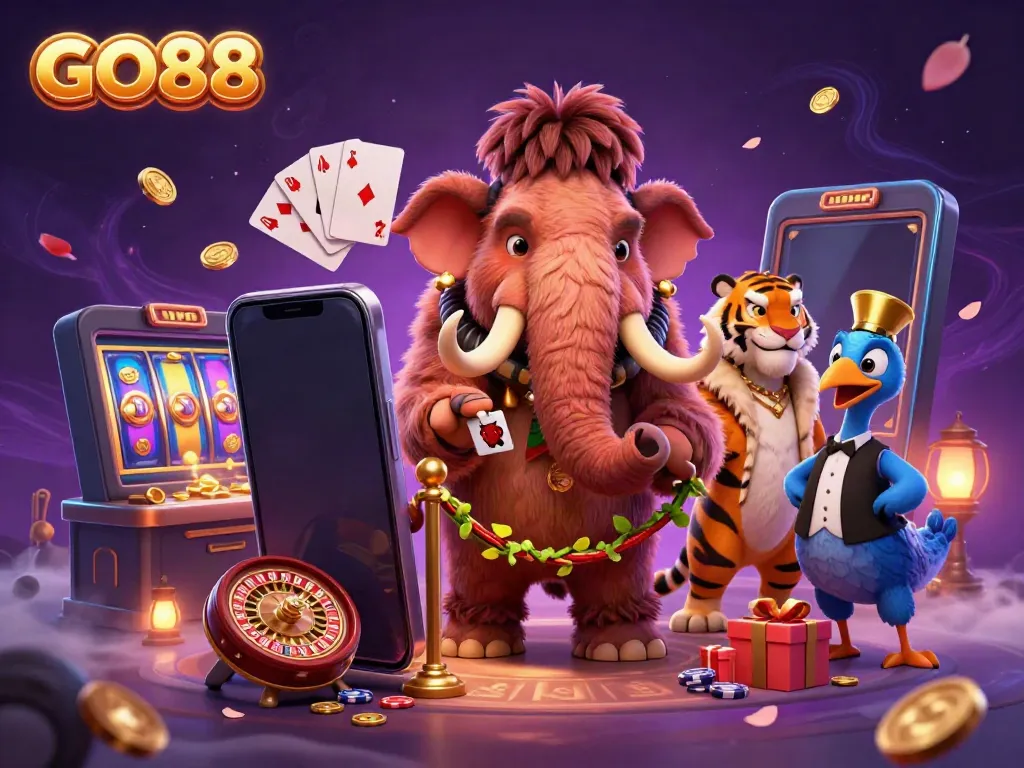 Experience the excitement at GO88 with a vibrant casino scene featuring unique characters, spinning slots, and thrilling action.