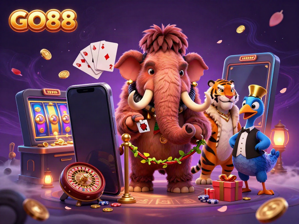 Experience the excitement at GO88 with a vibrant casino scene featuring unique characters, spinning slots, and thrilling action.