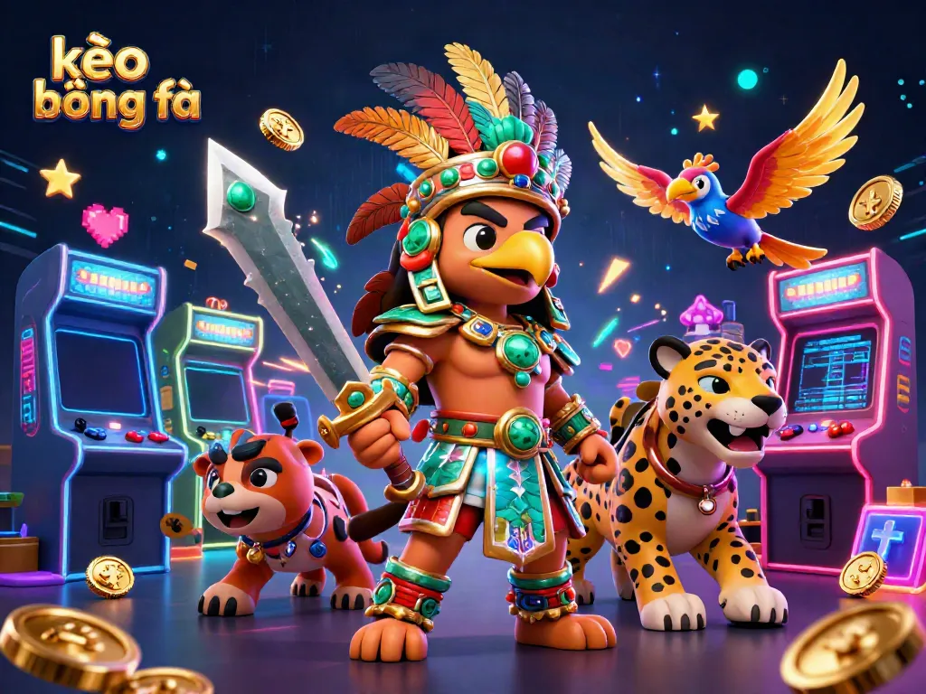 Engage in kèo bóng đá with a vibrant 3D scene featuring Aztec warriors and arcade elements.