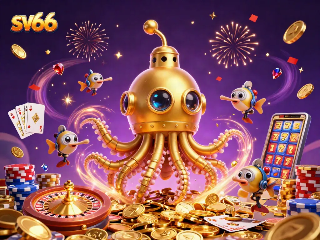 Experience exciting wins at sv66 with a 3D kraken submarine amidst golden coins and casino elements.