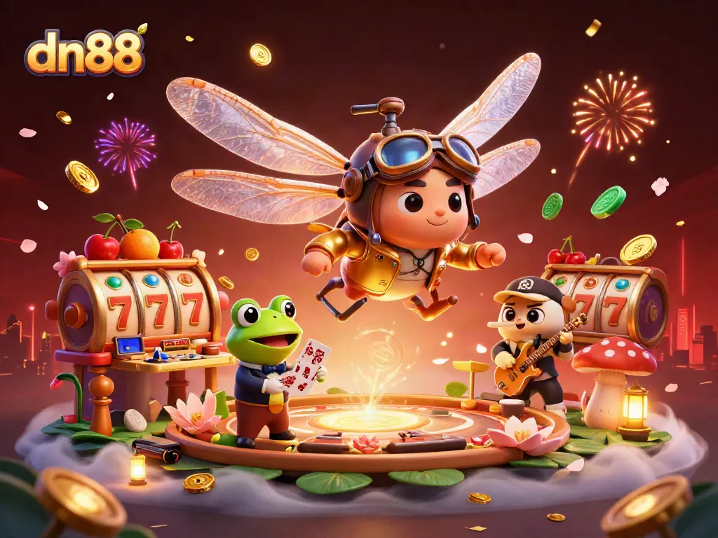 Experience thrilling gaming at dn88 with vibrant slot reels, golden coins, and lively characters.