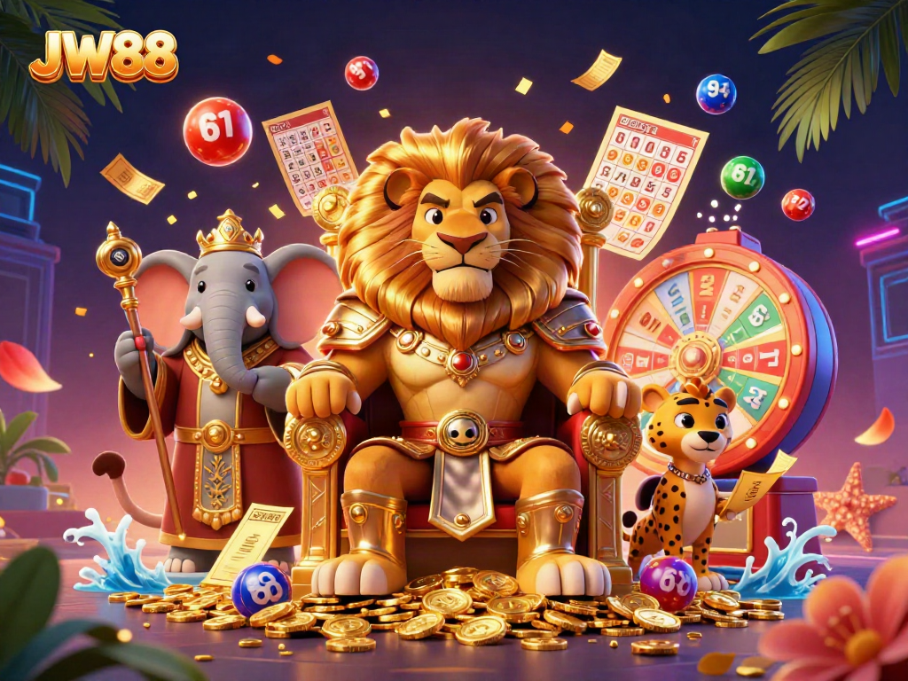 JW88 offers an exciting gambling experience with a lion king and vibrant games including lottery balls and bingo cards.