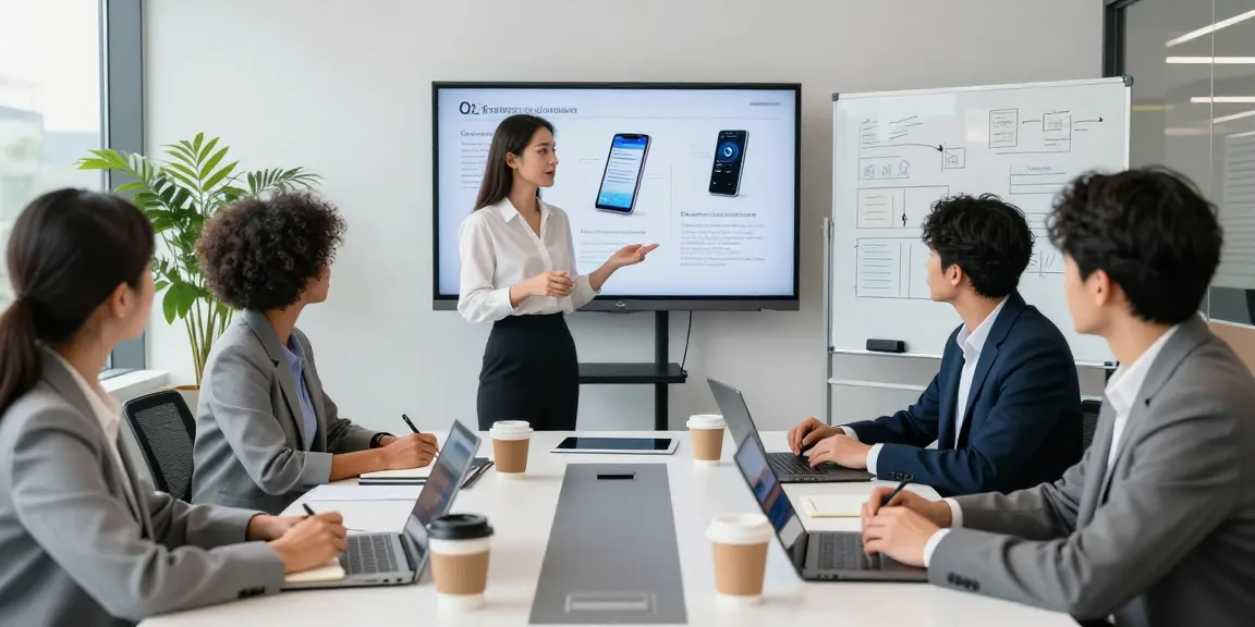 Team discussing O2 business contract phones in a modern office setting promoting collaboration and innovation.
