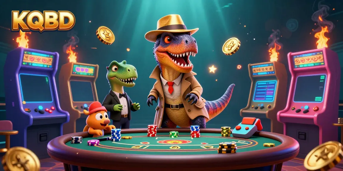 Engage with KQBD as a velociraptor card counter conspicuously at a blackjack table in a vibrant casino scene.