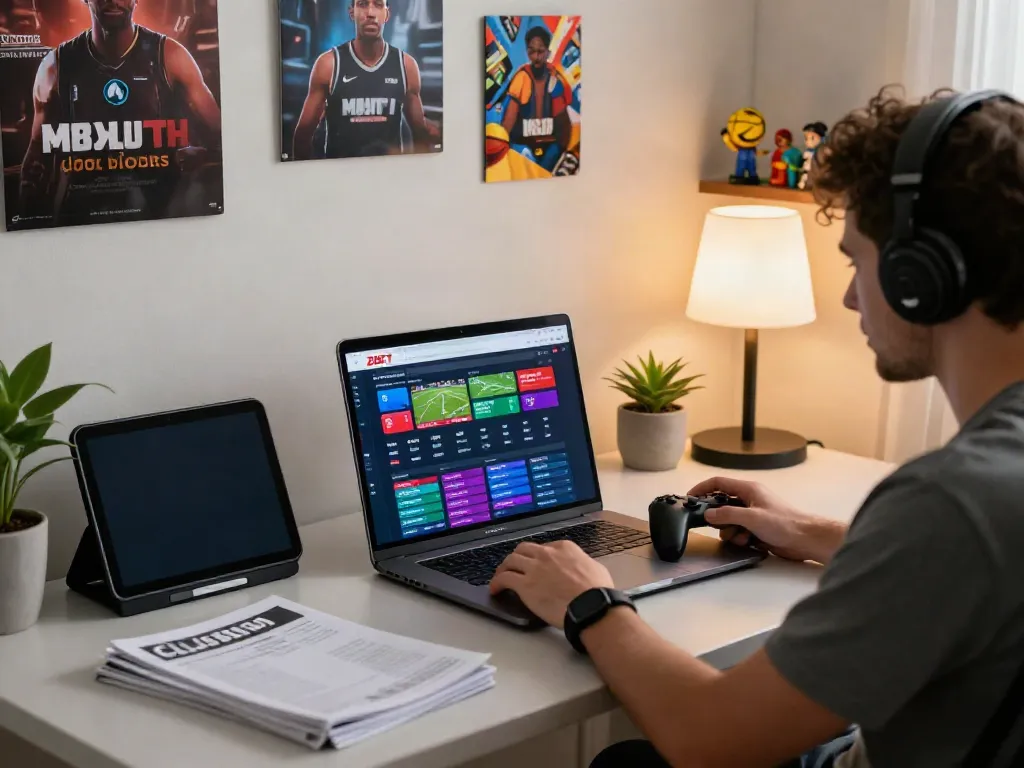 Engaged user exploring ZBET platform for online betting, showcasing vibrant sports options at home.