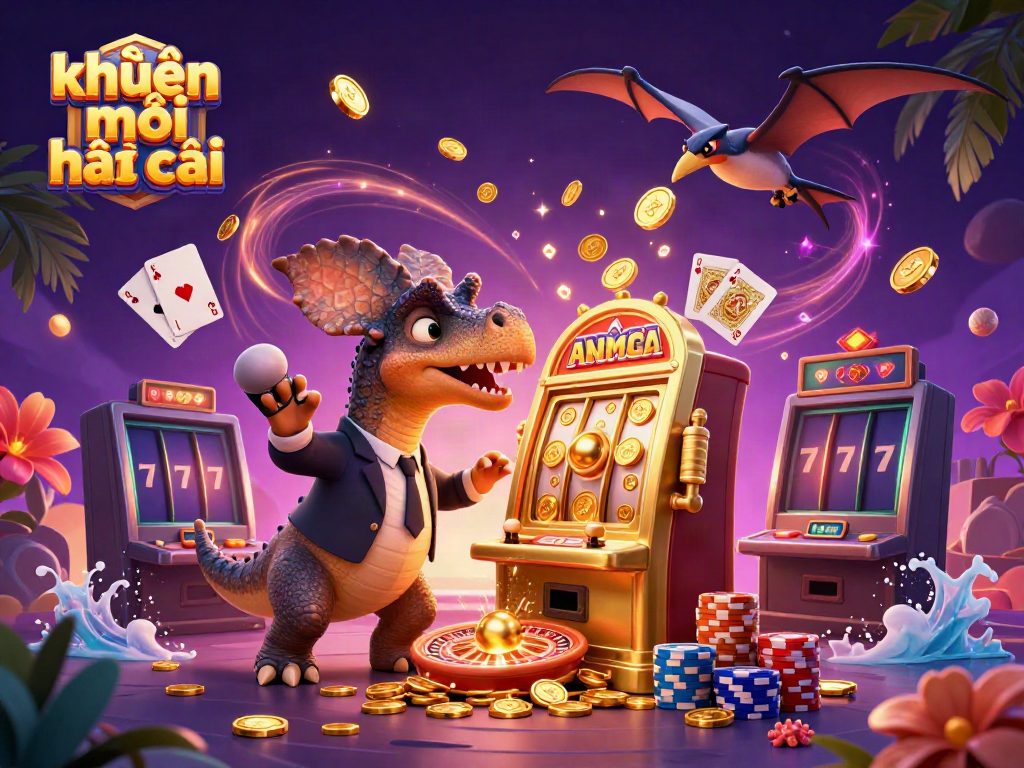 Engage in exciting khuyến mãi nhà cái as cartoon dinosaurs interact in a vibrant casino scene.