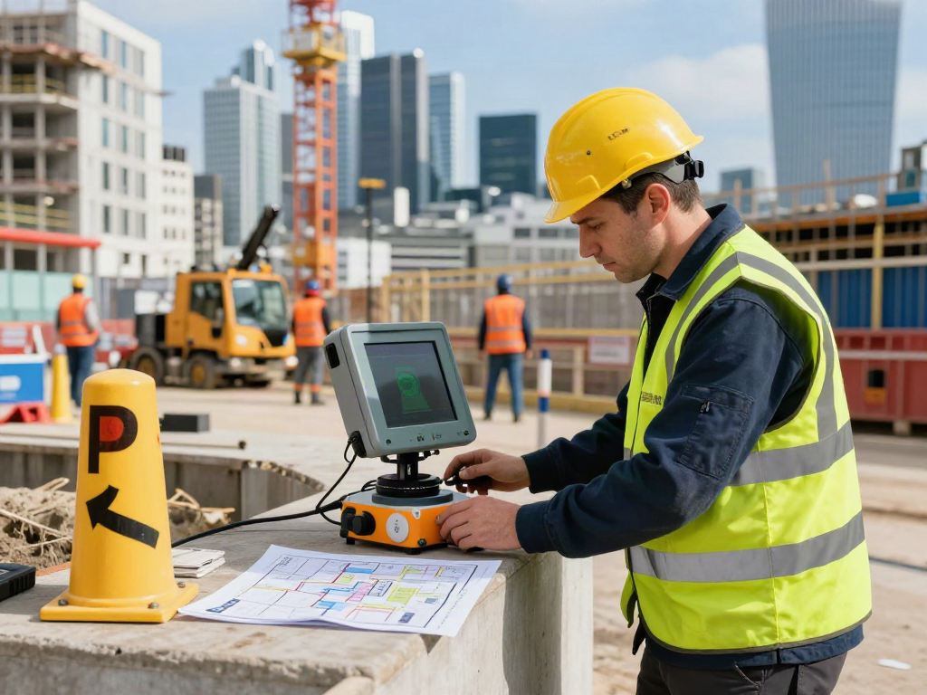 PAS 128 Survey London technician using GPR equipment on a vibrant construction site