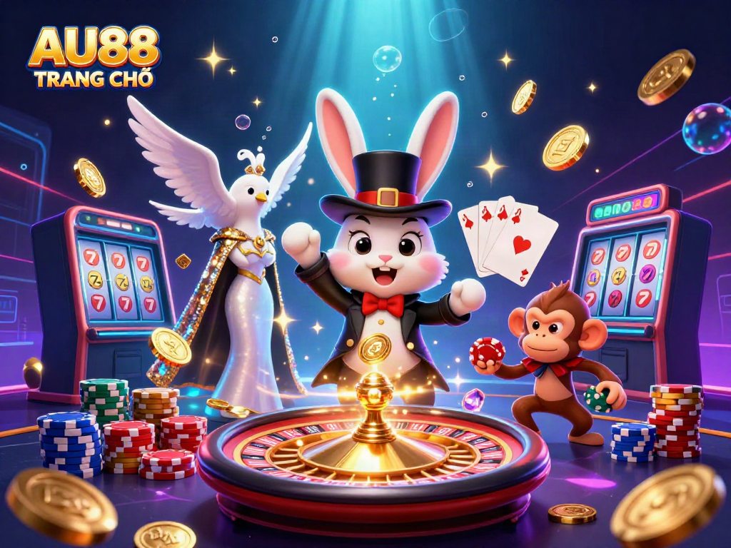 Engage in thrilling gambling at AU88 TRANG CHỦ with cartoon characters showcasing poker, slot, and roulette excitement.