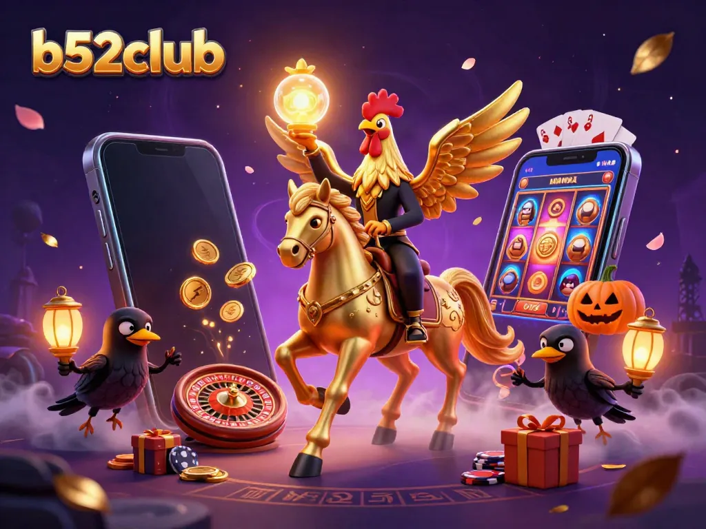 B52club's vibrant scene capturing a golden rooster headless horseman in a magical casino atmosphere.