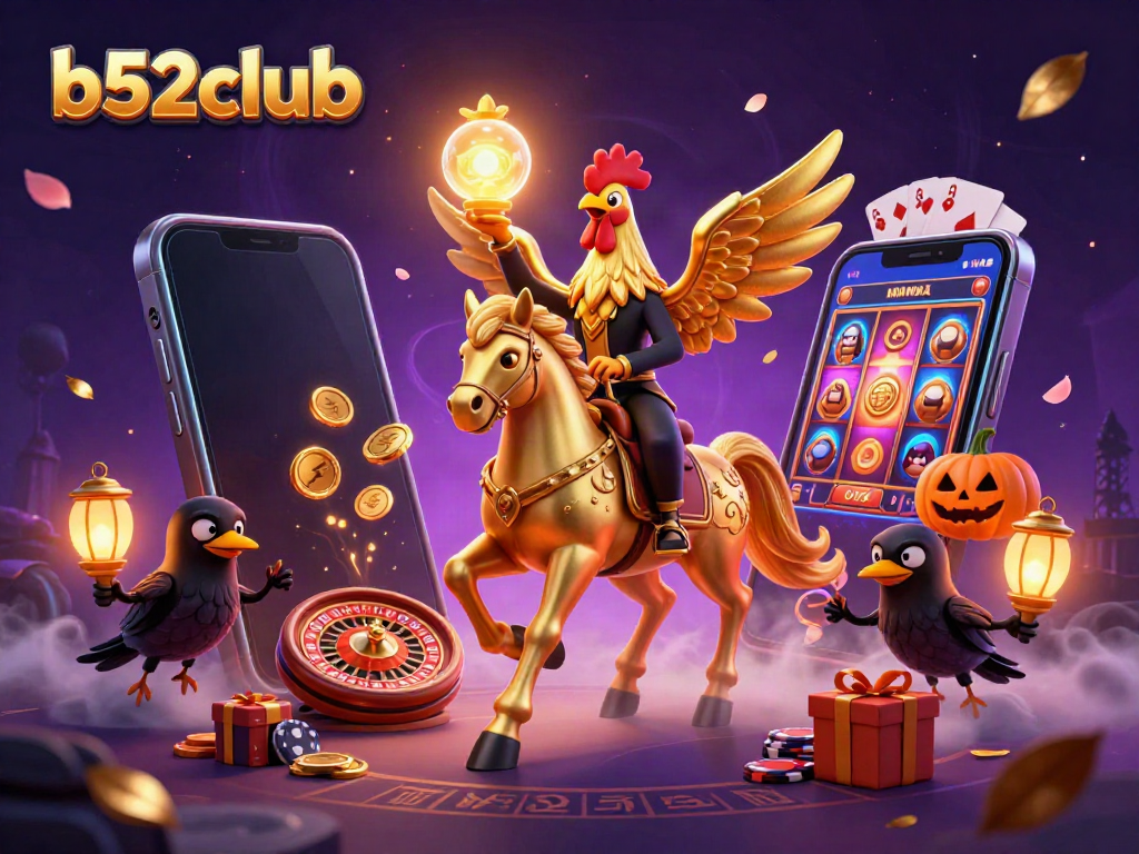 B52club's vibrant scene capturing a golden rooster headless horseman in a magical casino atmosphere.