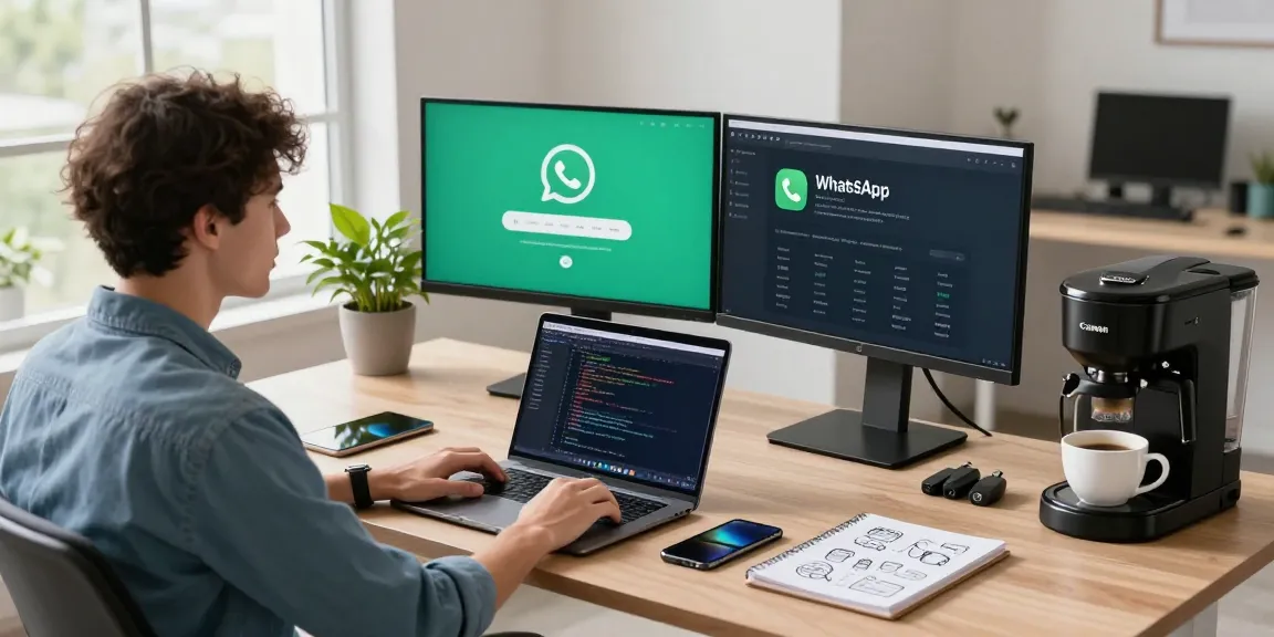 Young professional working in a modern workspace, focusing on WhatsApp下載 improvements surrounded by tech gadgets.