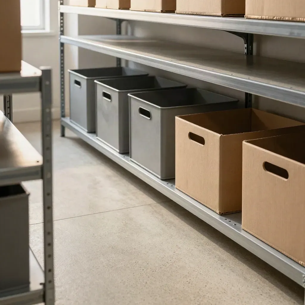 Bright stock room with crates, stacked totes, and empty shelves in warm misty light.
