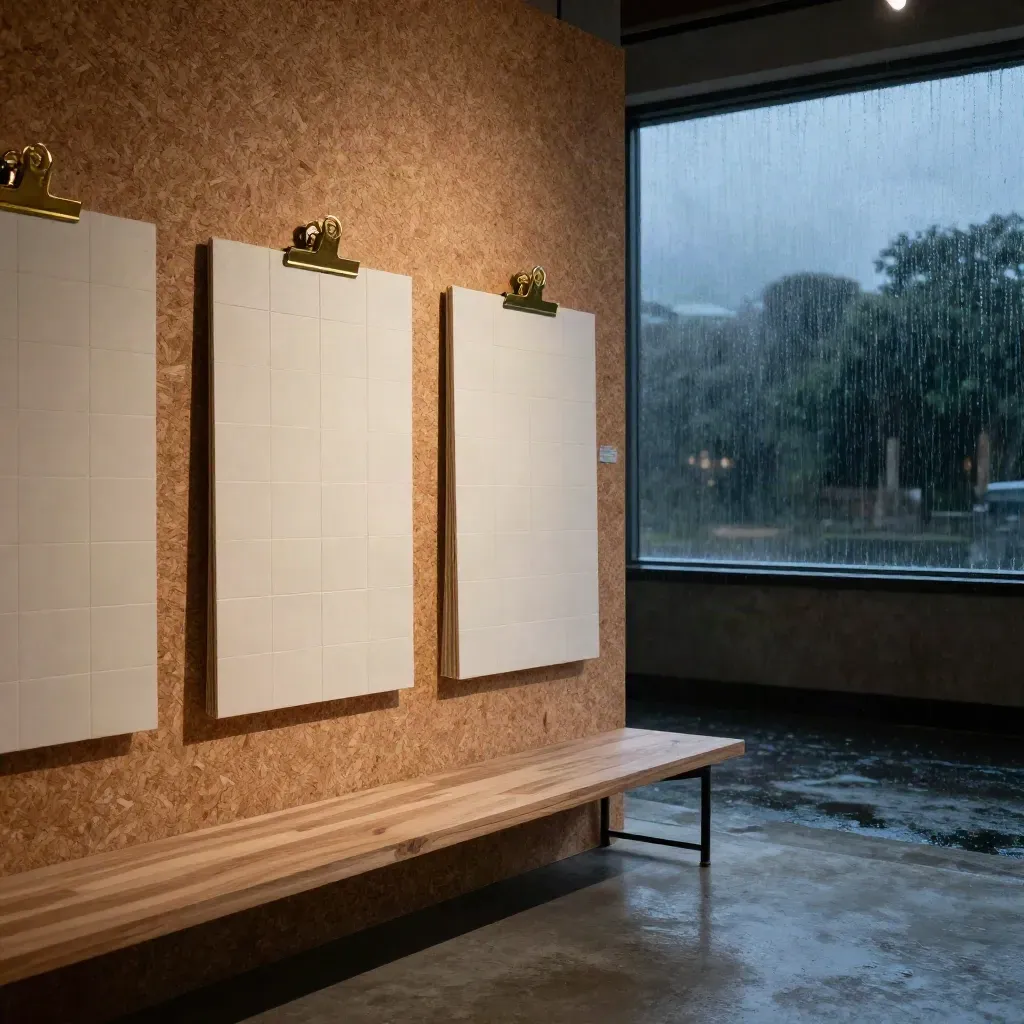 Vacant strategy workshop studio with cork wall, tiles, brass clips and moody blue-hour light.