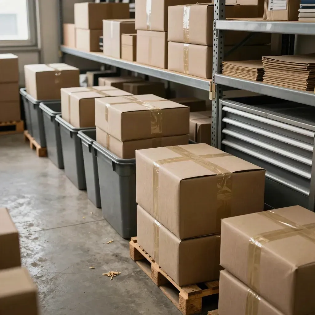 Warehouse packing bay with aligned bins, sealed parcels, route trays and a clean tool shelf in dusty light