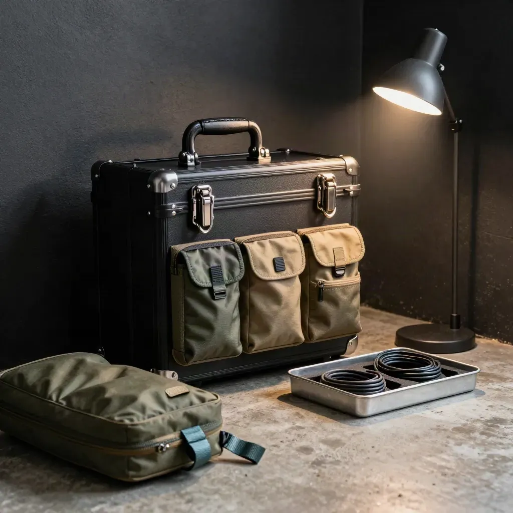 Launch-day support kit with cases, lamp, tray and pouches in a dark service nook.
