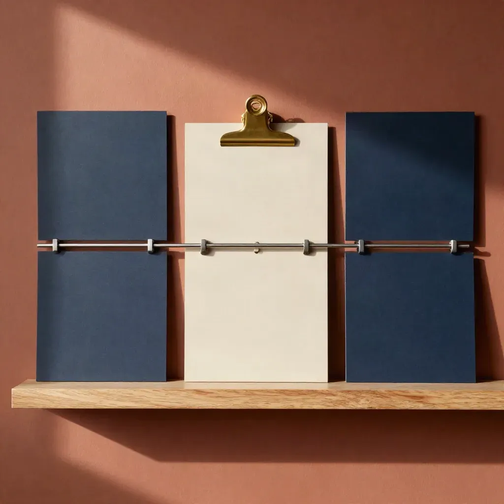 Aligned magnetic panels and folders beside a brass clip on a terracotta wall.