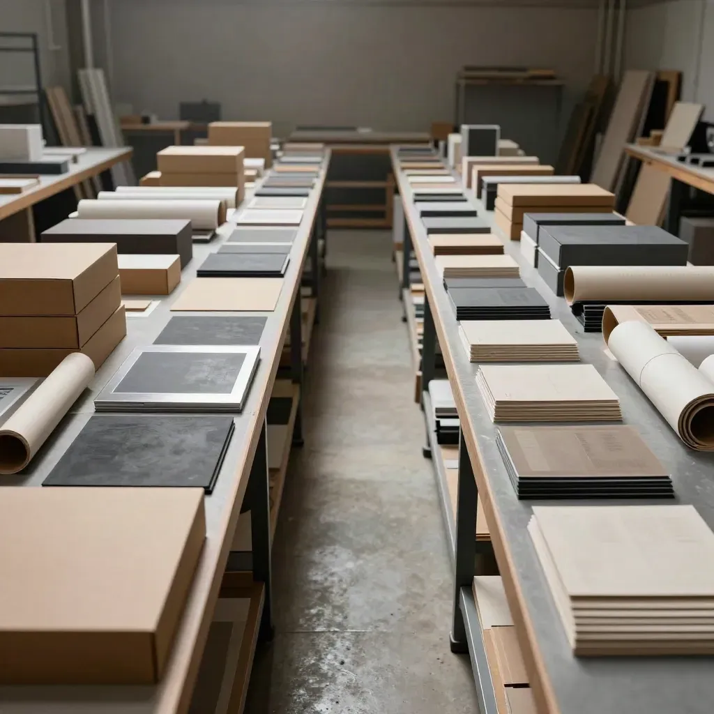 Open creative studio with trays, sample boxes, and a clear workflow aisle under dramatic haze