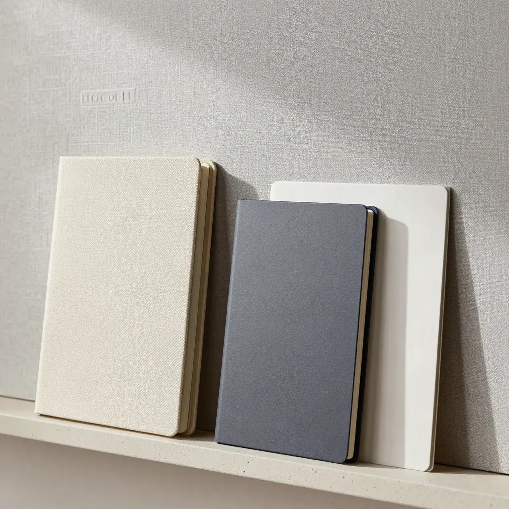 Macro of a blank planning wall, closed notebooks and aligned folders in a minimal consulting studio