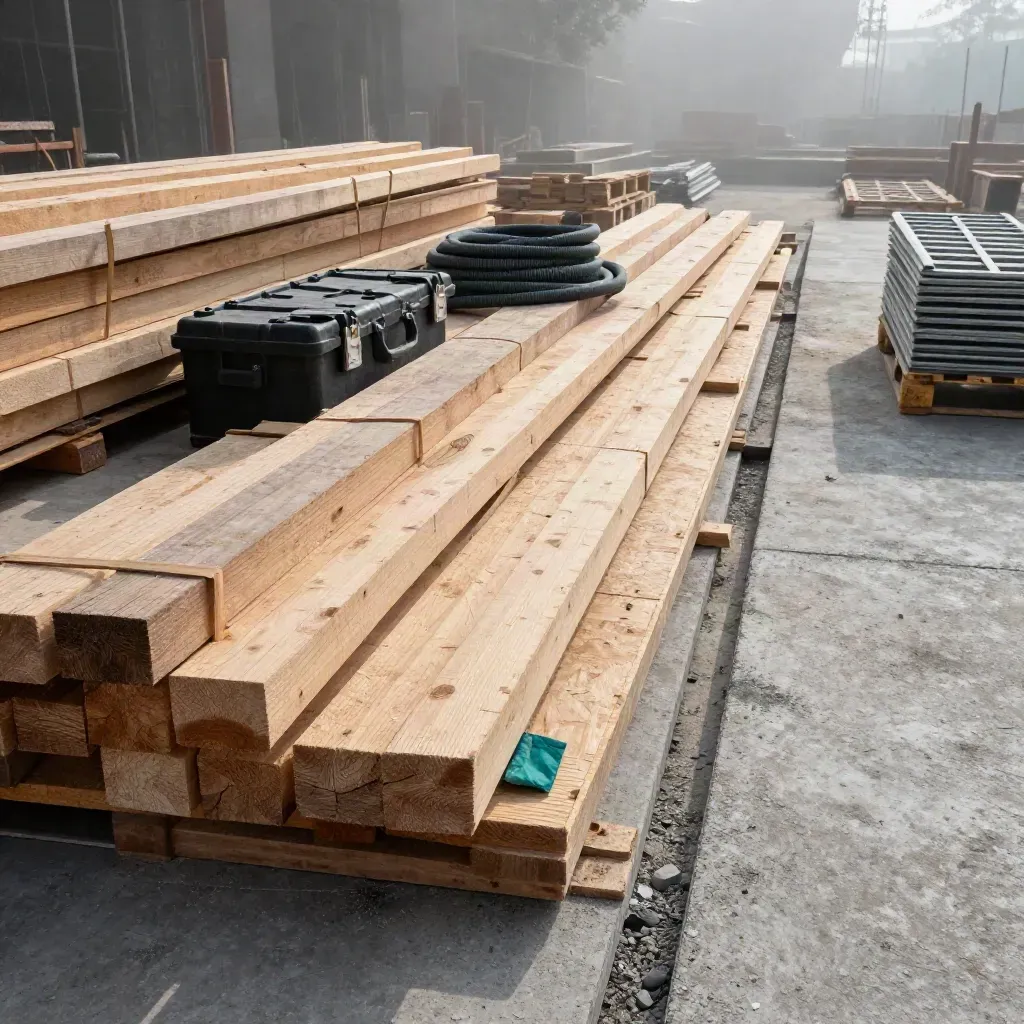 Floor-level view of timber stacks, tool case and a clean temporary route in misty site light.