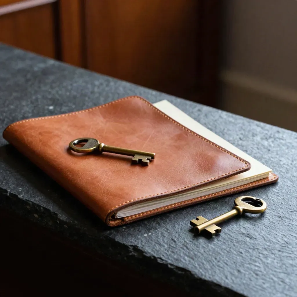 Leather project folio, brass key and metal clip on dark stone in soft daylight.