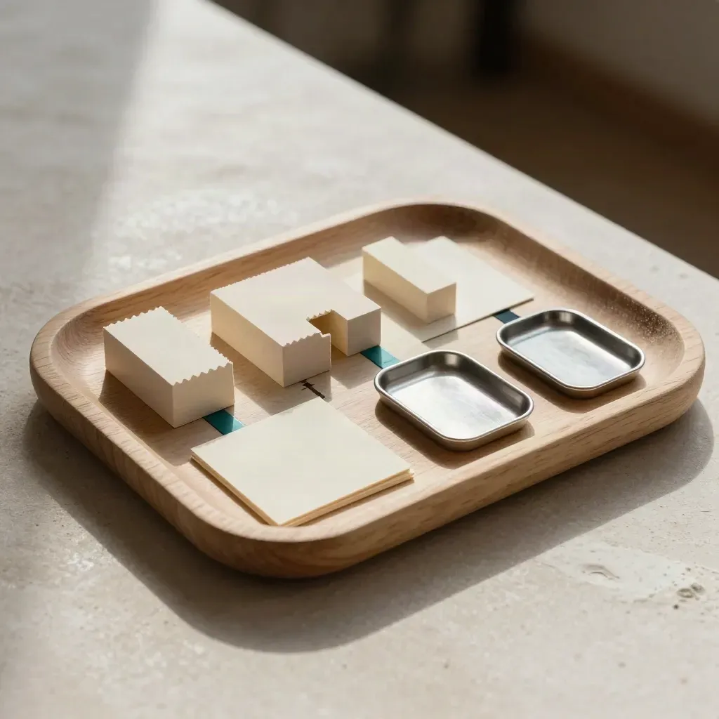 Wooden routing blocks and tiny steel trays mapping a process on a plaster surface.