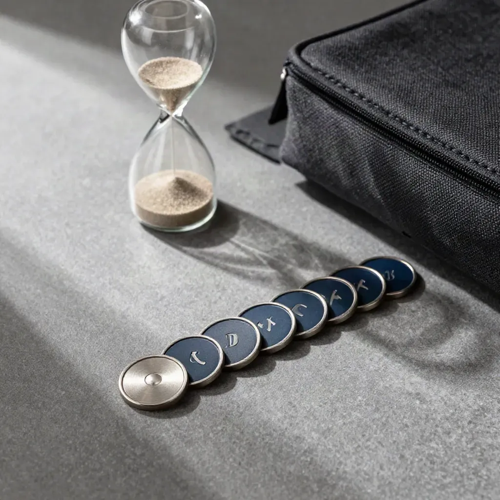 Checkpoint tokens, sand timer and project pouch arranged on stone in a precise overhead flatlay.