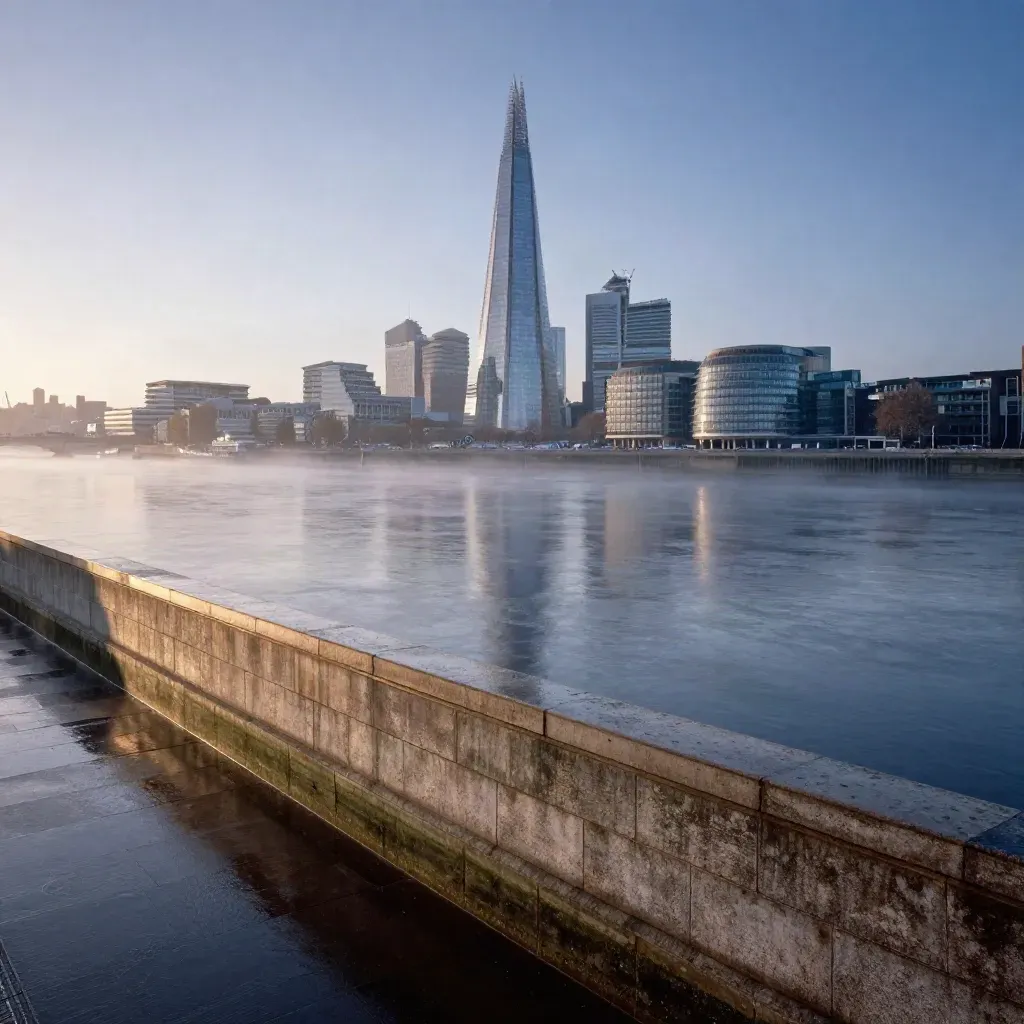 London skyline and Thames at dawn with mist and the Shard above calm water