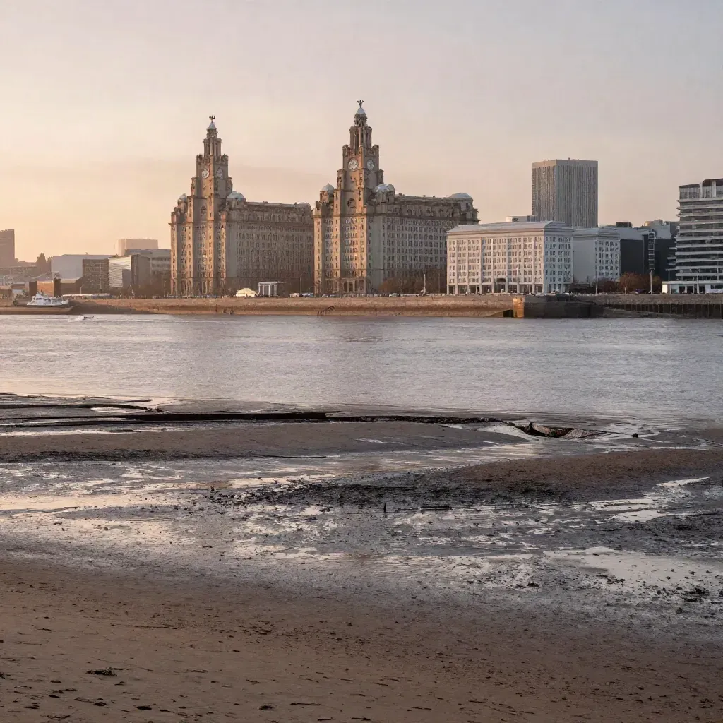 Liverpool waterfront in haze with the Mersey and high skyline above calm water.