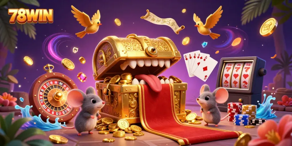 Engage with 78WIN's thrilling casino adventure, featuring a treasure chest and animated riches.